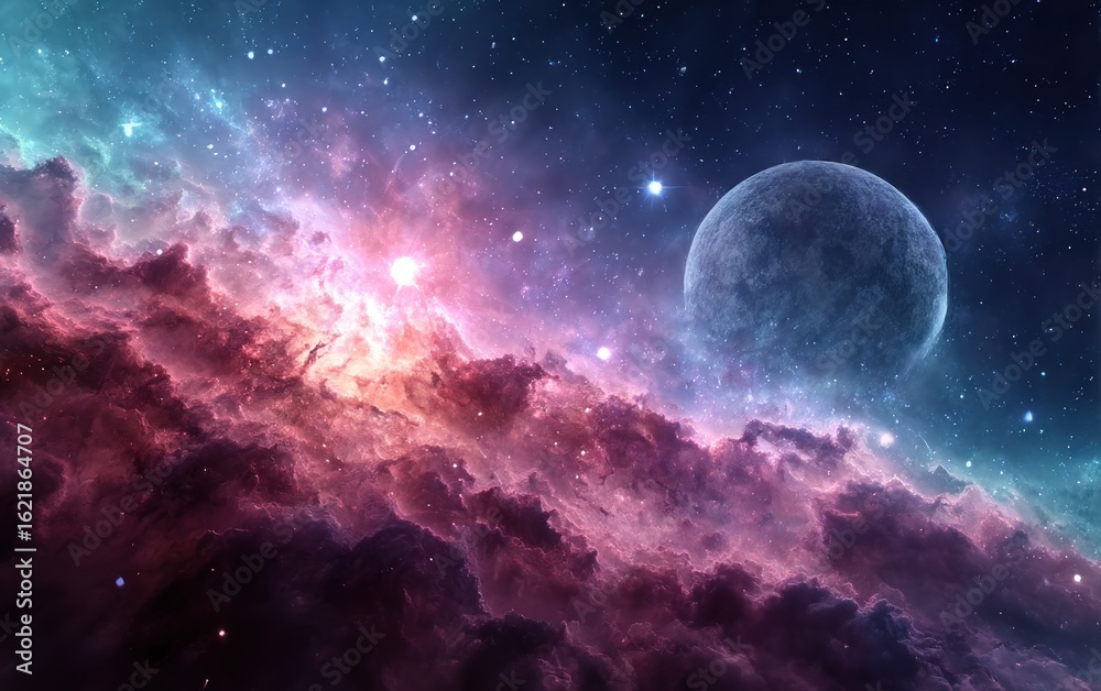 Fototapeta premium Colorful cosmic nebula with planet