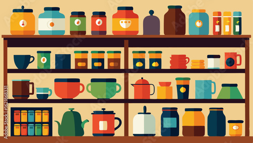A wall lined with shelves filled with colorful mugs jars of coffee beans and gourmet tea selections.