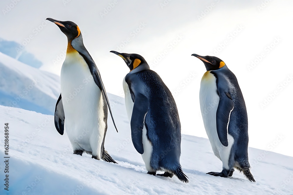 Fototapeta premium Three king penguins walking on the snow in antarctica