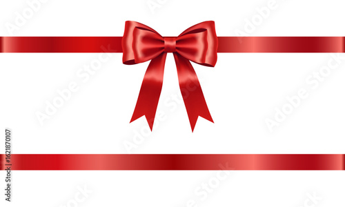 Elegant Shiny Red Ribbon Bow with Horizontal Satin Straps on White Background Decorative Gift Wrap Design for Celebration, Holidays, and Special Occasions