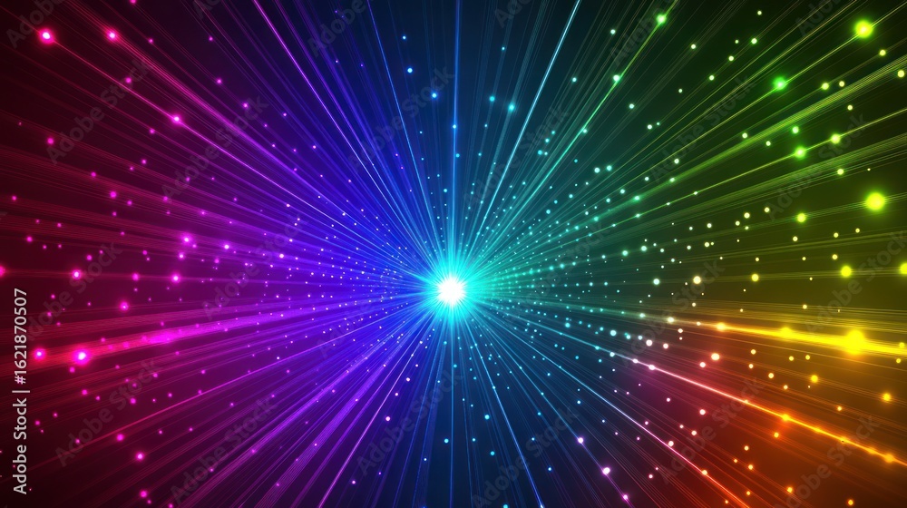 Naklejka premium A vibrant, colorful illustration radiating light with lines and scattered dots from a central point