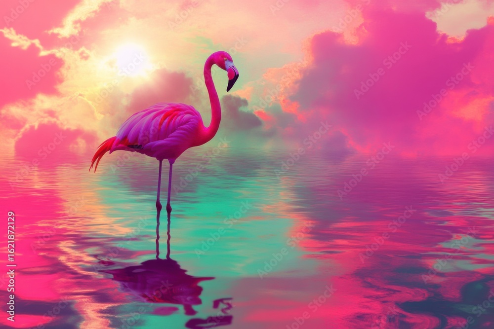 Fototapeta premium Vibrant Flamingo Silhouetted Against Colorful Sunset Reflections