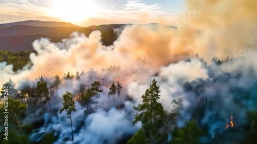 Sunset Wildfire Aerial: Smoke Engulfs Pine Forest