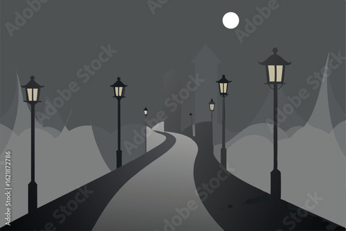 foggy path lined with ghostly street lamps  .eps