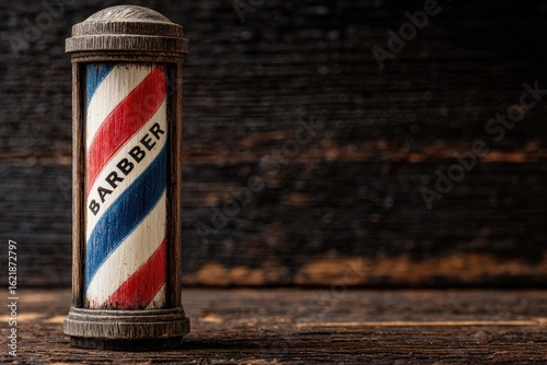 Wooden barber pole on rustic wood