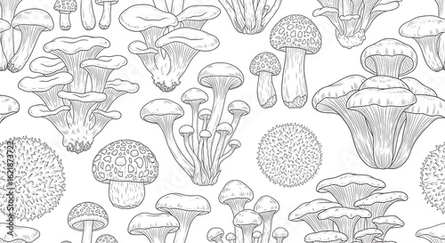 Seamless pattern of diverse handdrawn mushrooms in a detailed black and white line art style.