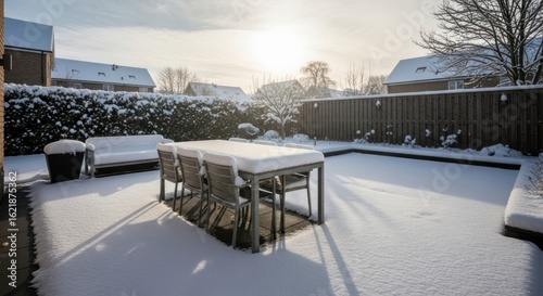 Bright Winter Sun Casts Long Shadows on a Snow-Covered Suburban Patio