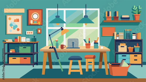 A studio space for arts and crafts with tables and supplies neatly organized.