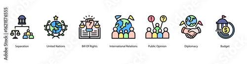 Political Foundations web banner icon vector illustration for separation of power, United Nations, Bill of Rights, international relations, public opinion, diplomacy, and budget.