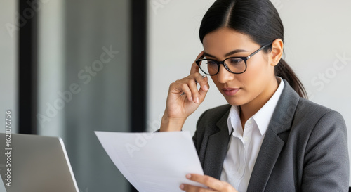 Professional Woman Reading Document Wearing Eyeglasses.