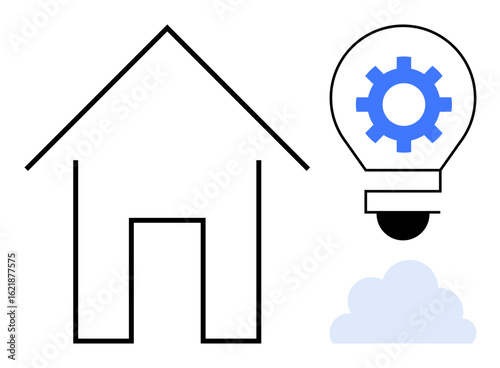 House outline next to gear-filled lightbulb above cloud, symbolizing smart home connectivity, innovation, and cloud-based technology. Ideal for tech, innovation, smart solutions, energy efficiency