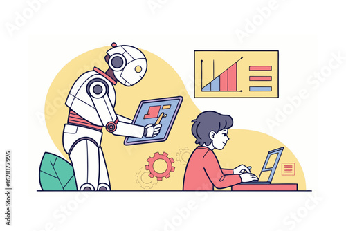 AI Robot Teaching Student How to Use Graphic Design Tools on Tablet in a Creative Class