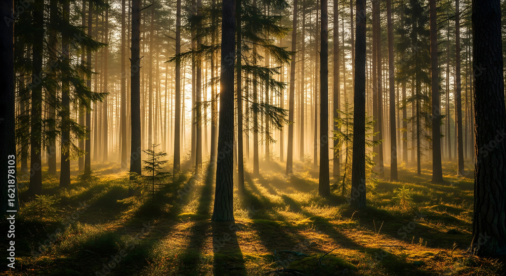 Fototapeta premium A tranquil forest scene with tall pine trees and shafts of golden sunlight filtering through the morning mist, casting long shadows