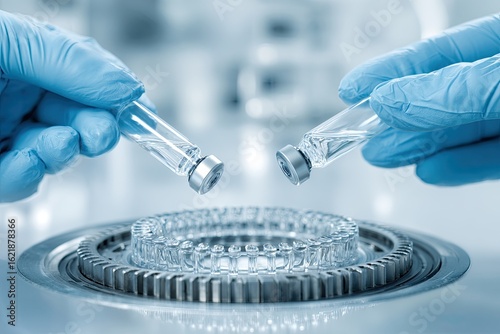 Medical lab technicians in blue gloves hold vials over a sterile carousel