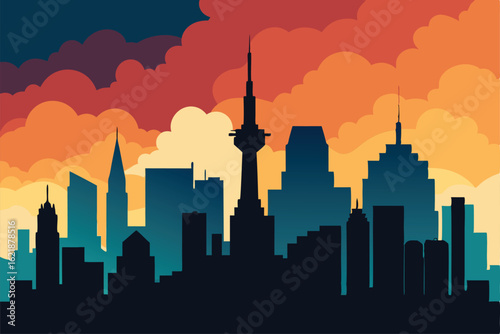 high contrast city skyline silhouette with dramati.eps