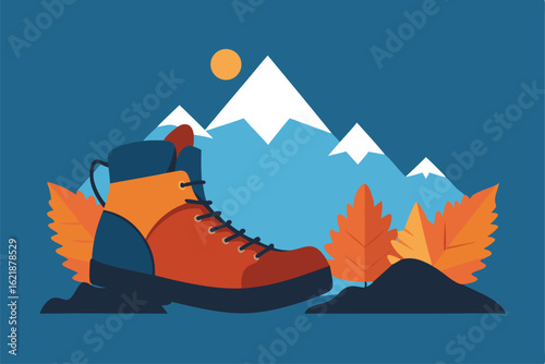 hiking boots and trekking gear on a trail with fal.eps