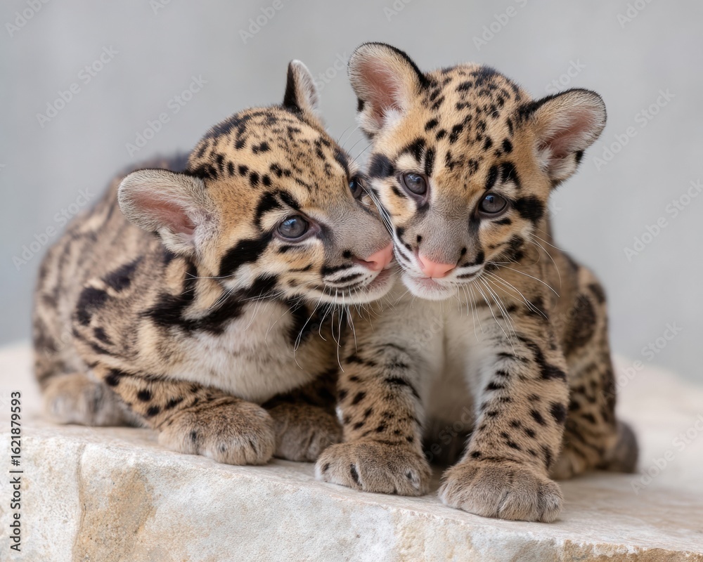 Fototapeta premium Premium Clouded Leopard Cubs Playing Close on Stone Authentic Joyful Wildlife Bonding for International Clouded Leopard Day and Spring Earth Day Campaigns