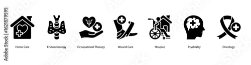 Supportive Care web banner icon vector illustration featuring Home Care, Endocrinology, Occupational Therapy, Wound Care, Hospice, Psychiatry, and Oncology.