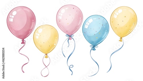 Transparent background with floating birthday balloons and ribbons

