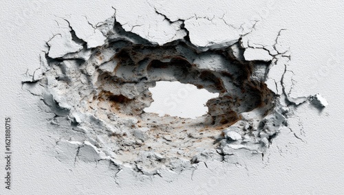 Circular hole punched through a light gray wall, surrounded by radiating cracks and debris