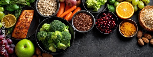 Assorted healthy foods arranged on a dark surface (1)