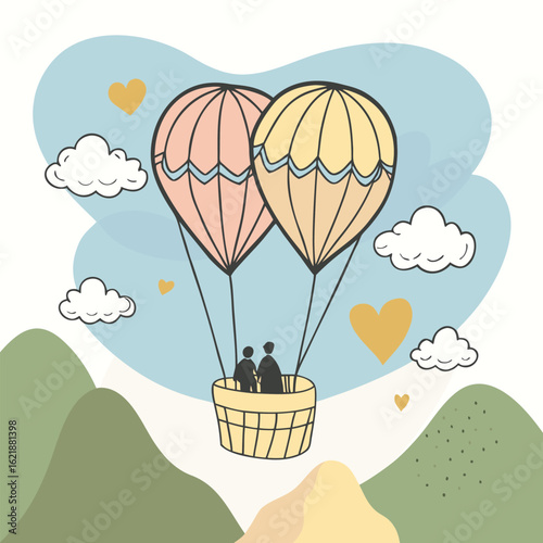 Romantic couple enjoys scenic hot air balloon ride above rolling hills silhouette