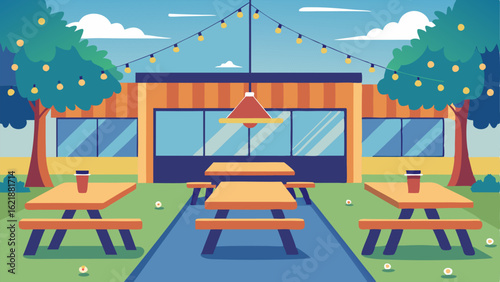 A section of the dining hall designed to mimic a cozy outdoor picnic with picnic tables and string lights strung above creating a cozy atmosphere for students to enjoy their meals.