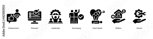 Leadership Acts web banner icon vector illustration featuring Endorsement, Outreach, Leadership, Accompany, Heart Attack, Welfare, and Service.