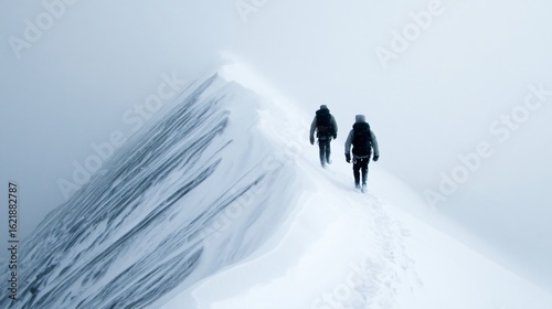 extreme mountain climbing expedition in icy storm conditions