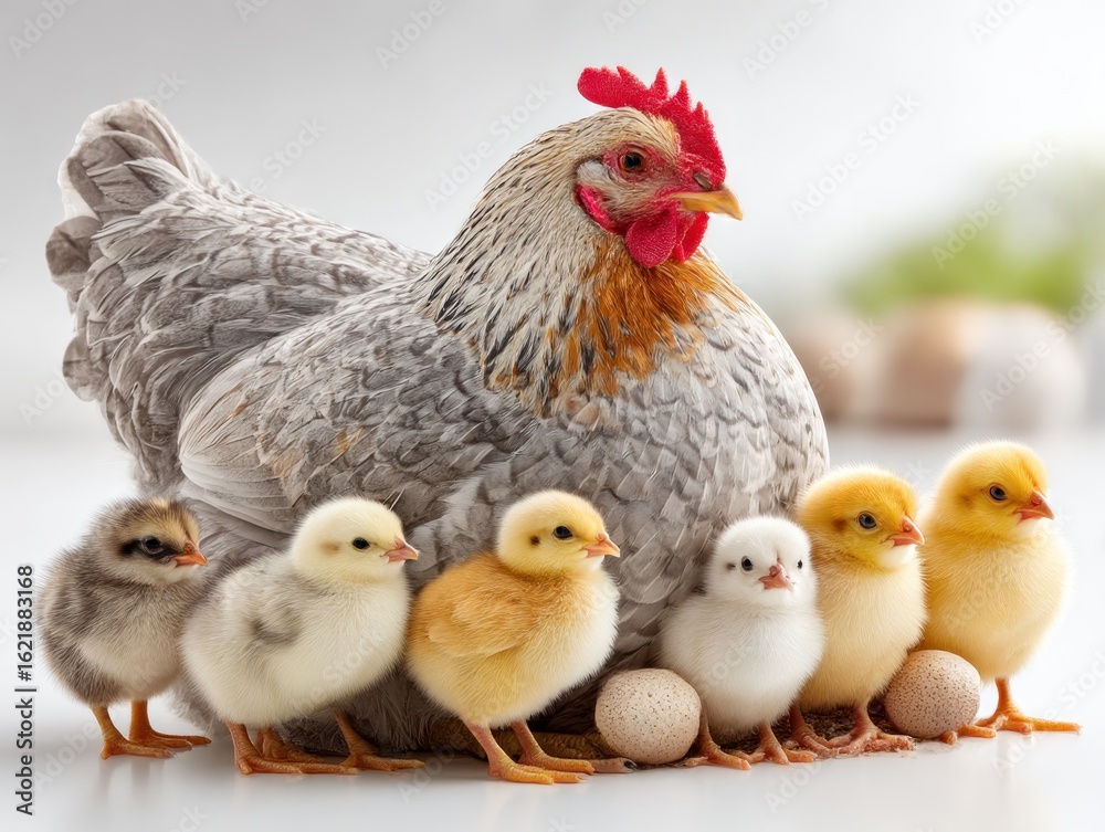 Fototapeta premium Hen and chicks on white background