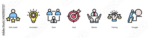 Role Model web banner icon vector illustration featuring Role Model, Innovation, Team, Goal, Mentor, Training, and Struggle.