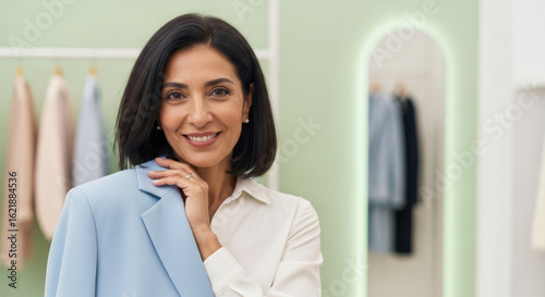Free Download Confident mature woman smiling in elegant boutique holding stylish pastel blazer, surrounded by modern minimalist interior and contemporary fashionable clothes - GFXLoad