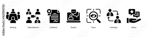 Work Meeting web banner icon vector illustration featuring Meeting, Teleconference, Certificate, Teacher, Focus, Exchange, and Advice.