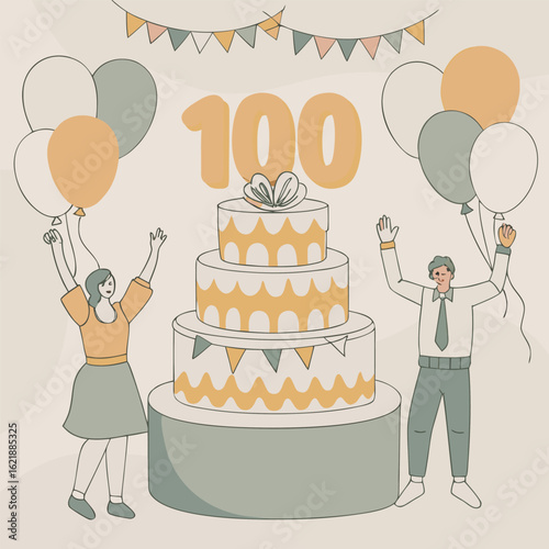 Joyful celebration of 100th birthday with balloons cake and cheering figures silhouette