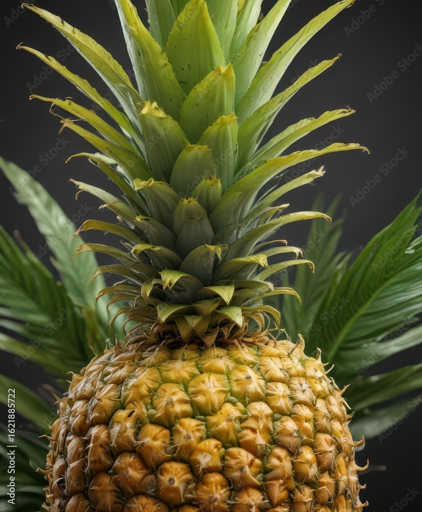 Fototapeta premium Close-up of ripe pineapple, vibrant yellow skin, green leaves , color, fruit