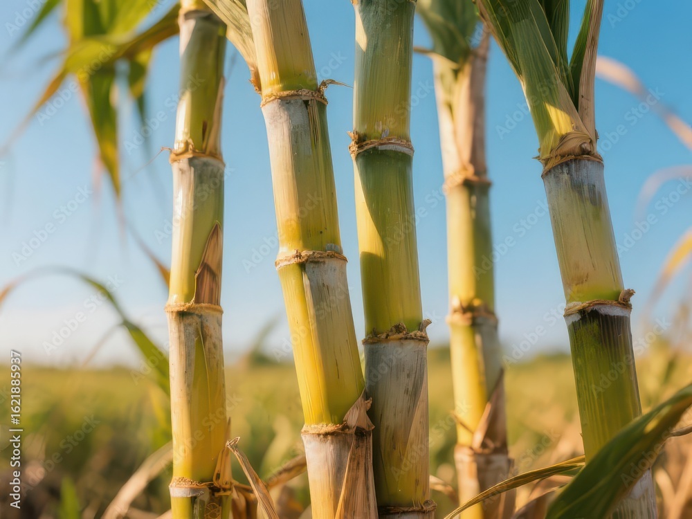 Obraz premium Close-up of thick, segmented stalks of sugarcane in a field, ingredient, sugarcane