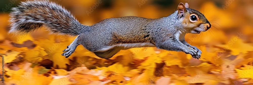 Obraz premium Squirrel Leaping Through Golden Autumn Leaves