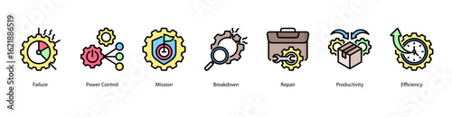 Reliable Output web banner icon vector illustration featuring Failure, Power Control, Mission, Breakdown, Repair, Productivity, and Efficiency.