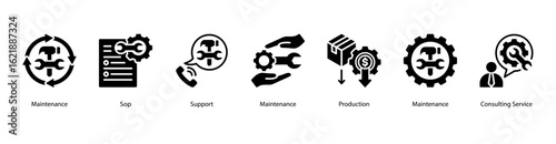 System Support web banner icon vector illustration featuring Maintenance, Sop, Support, Maintenance, Production, Maintenance, and Consulting Service.