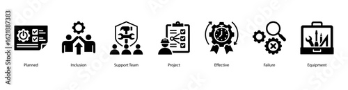 Team Mission web banner icon vector illustration featuring Planned, Inclusion, Support Team, Project, Effective, Failure, and Equipment.