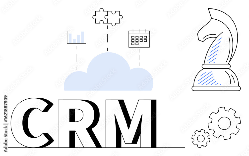 Fototapeta premium CRM text with cloud connected to puzzle, bar graph, and calendar. Knight and gears represent strategy and operations. Ideal for business planning, management, CRM tools, strategy, data and teamwork