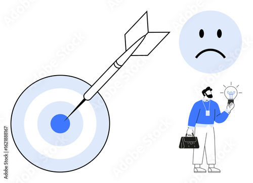 Dart missing bullseye on target, sad face suggesting failure, businessman holding lightbulb symbolizing innovation. Ideal for problem-solving, growth, failure, learning, motivation, adaptation