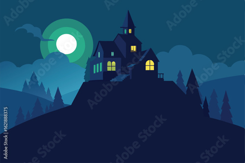foggy hilltop mansion glowing in the night   (1).eps
