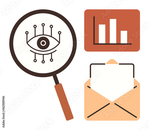 Magnifying glass with digital eye pattern, bar chart showing data analytics, and open envelope for communication. Ideal for analysis, technology, communication, productivity, business, education