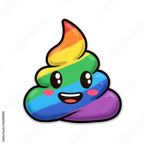Cute Cartoon Poop Emoji Bright Rainbow Colors on Transparent Background