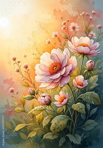 Delicate Floral Watercolor Painting Showcasing Peach Blossoms in Soft Sunlight  and Green Foliage