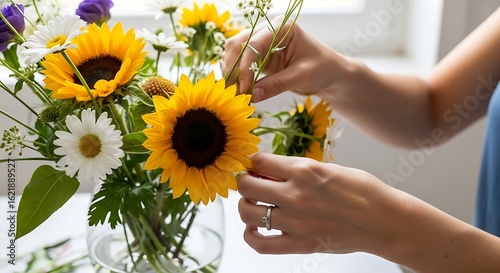 A creative person arranging a vibrant summer bouquet. Close-up of hands carefully placing a sunflower in a glass vase.