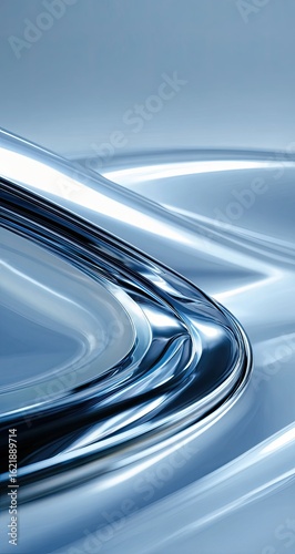 Abstract, flowing shapes in cool, light blue and gray tones.  Fluid metallic forms create a sense of motion and depth