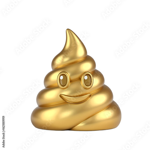 Shiny Golden Poop Emoji with Smiling Face Isolated on Black