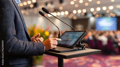 Speaker presenting data at conference.